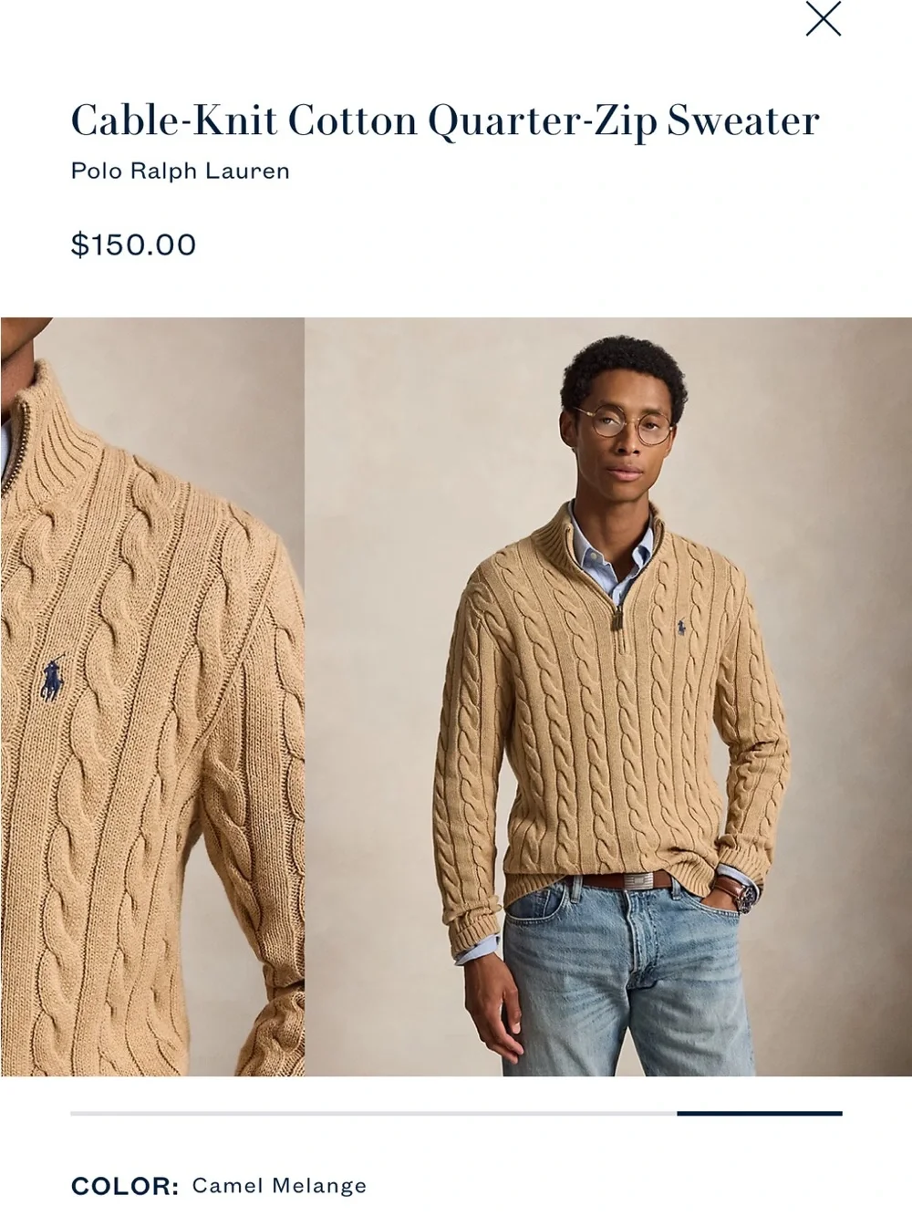 NWT Polo Ralph Lauren Cable-Knit Cotton Quarter-Zip Sweater Camel Melange M - Picture 10 of 11